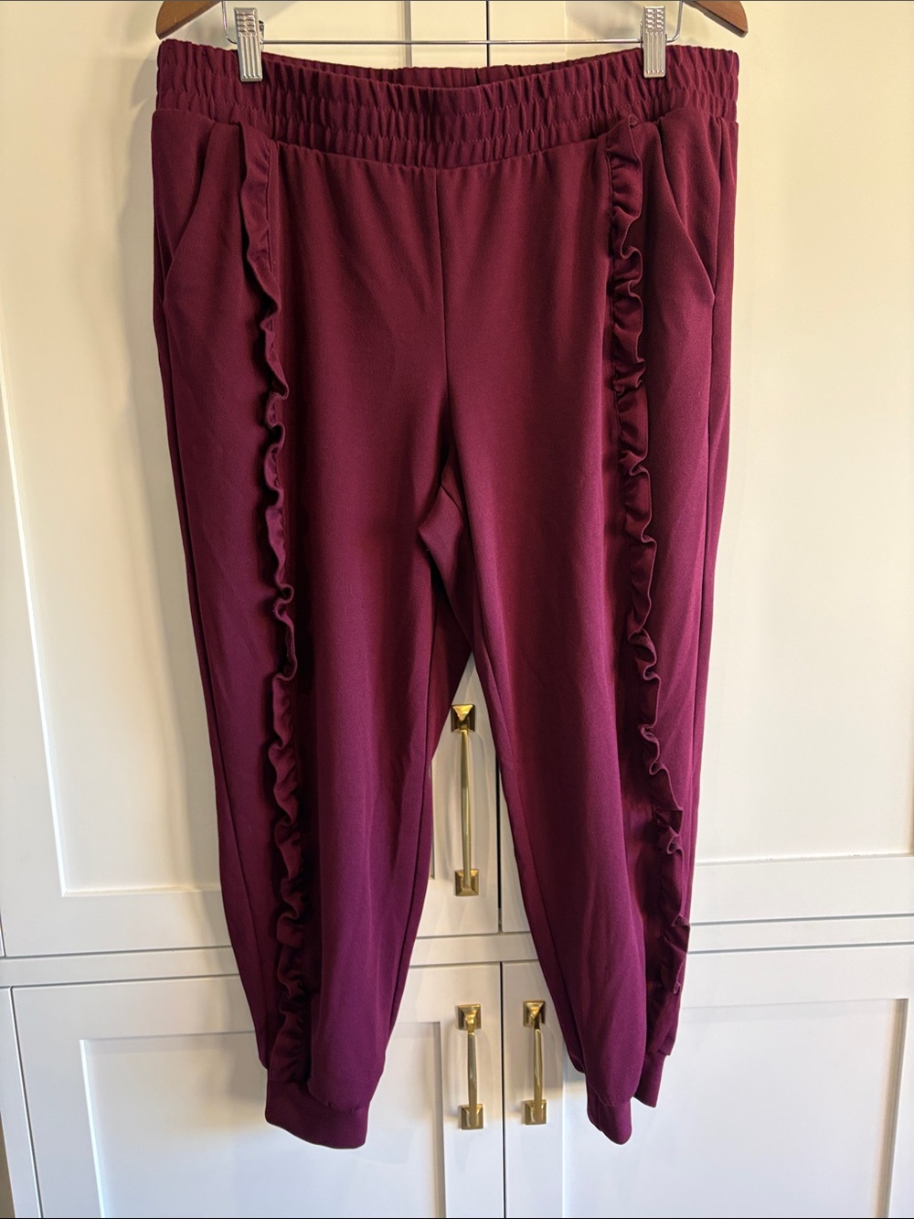 Ruffle-Trim Jogger Pants Plum Short Polyester Size XL